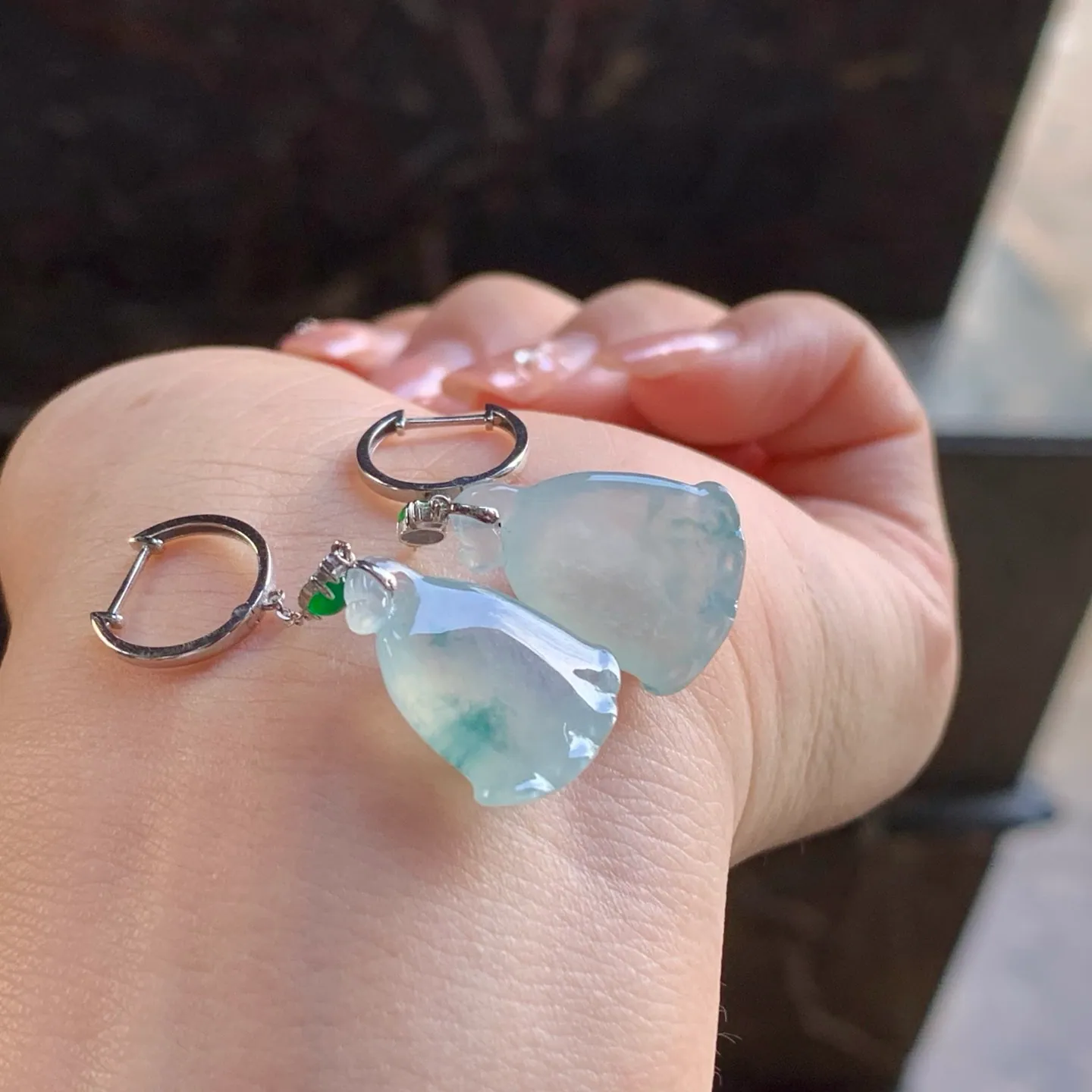 Type A Jadeite Lotus Pod Earrings, Icy, 18K White Gold (6)