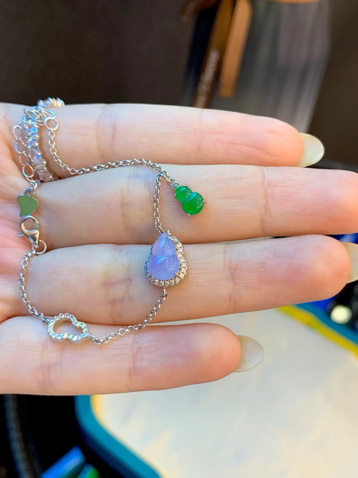 Type A Jadeite Gourd Bracelet, High Icy Lavender, 925 Silver (4)