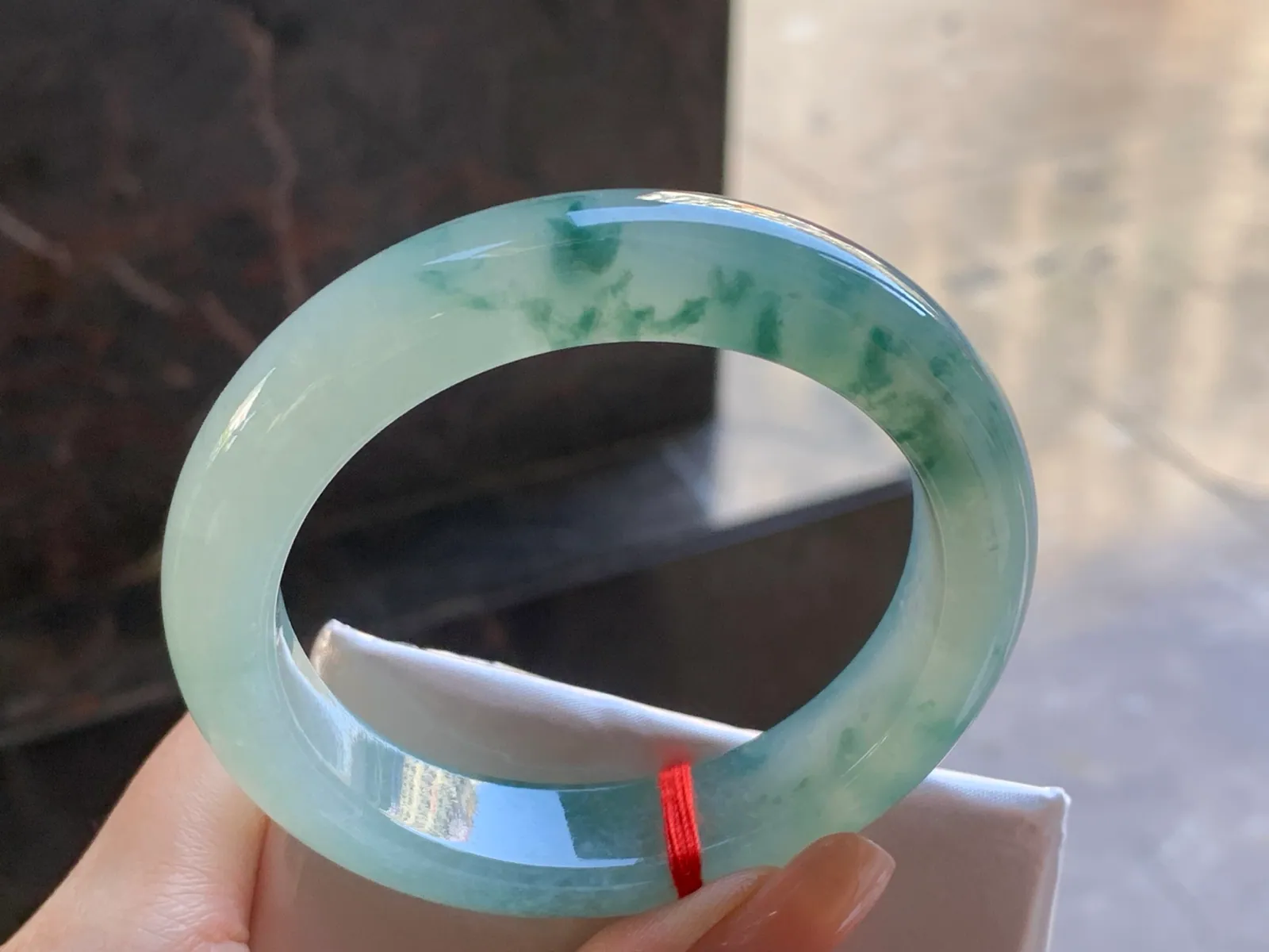 Type A Jadeite Flat Bangle, Icy Blue-Green Flower, 57.3mm (5)