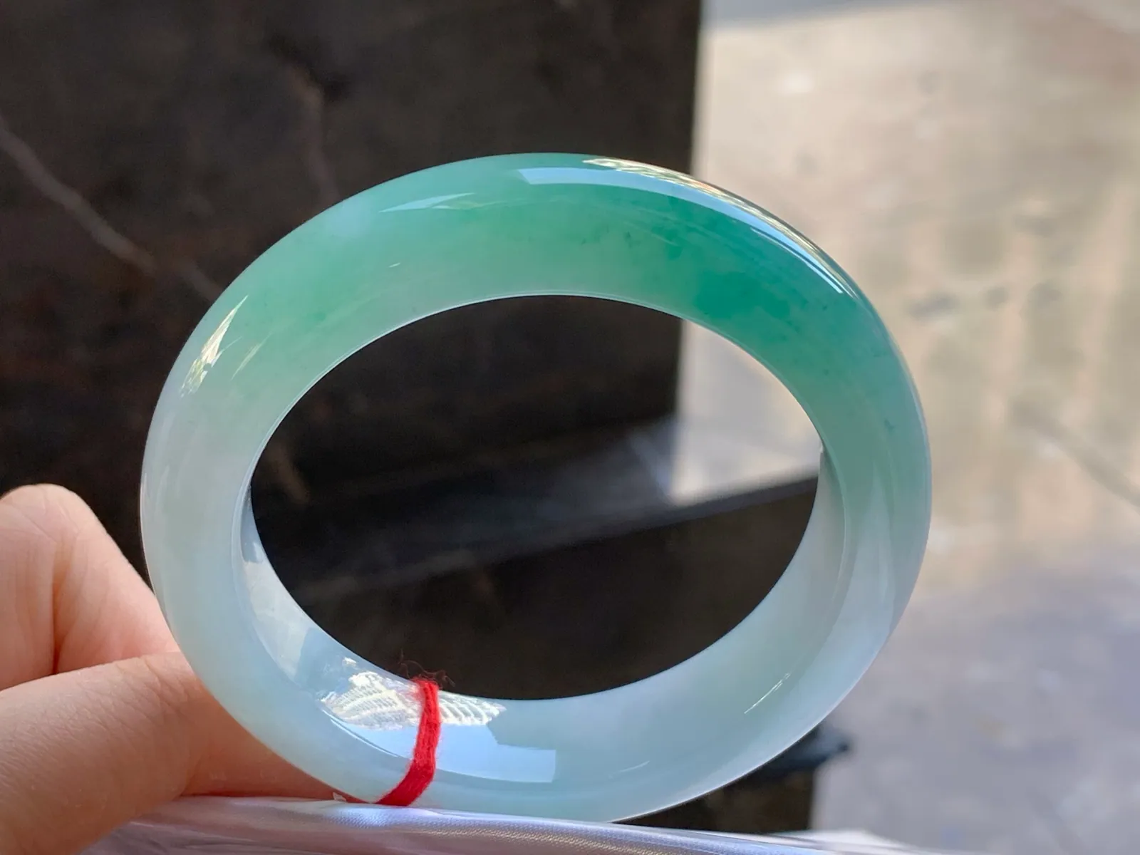 Type A Jadeite Flat Bangle, Blue-Green Band, 55.6mm