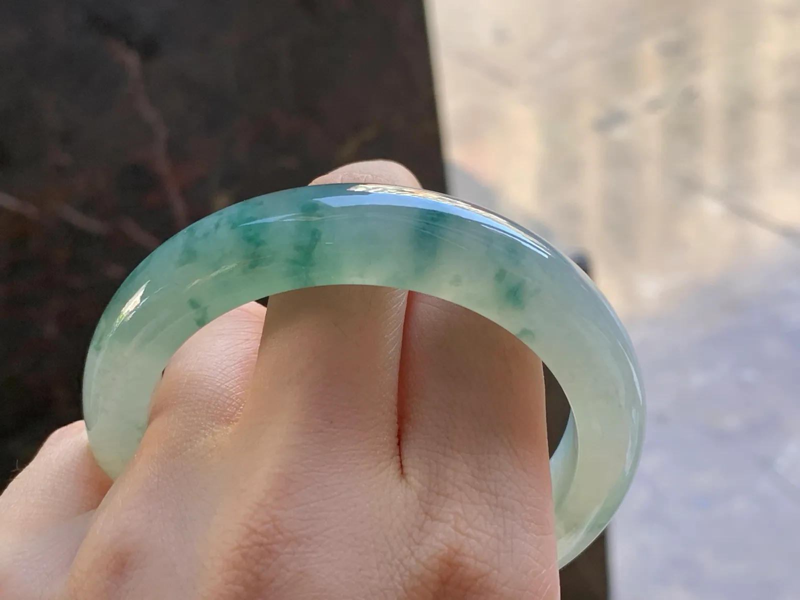 Type A Jadeite Flat Bangle, Icy Blue-Green Flower, 57.3mm (8)