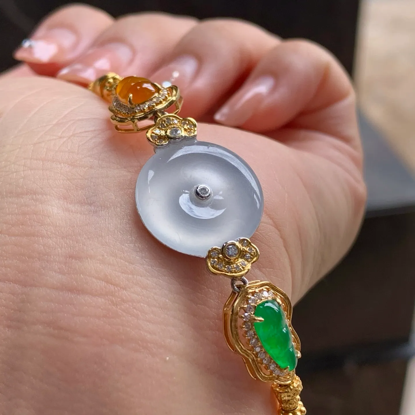 Type A Jadeite Gold Bracelet, Icy Safety Coin, Multicolor (3)