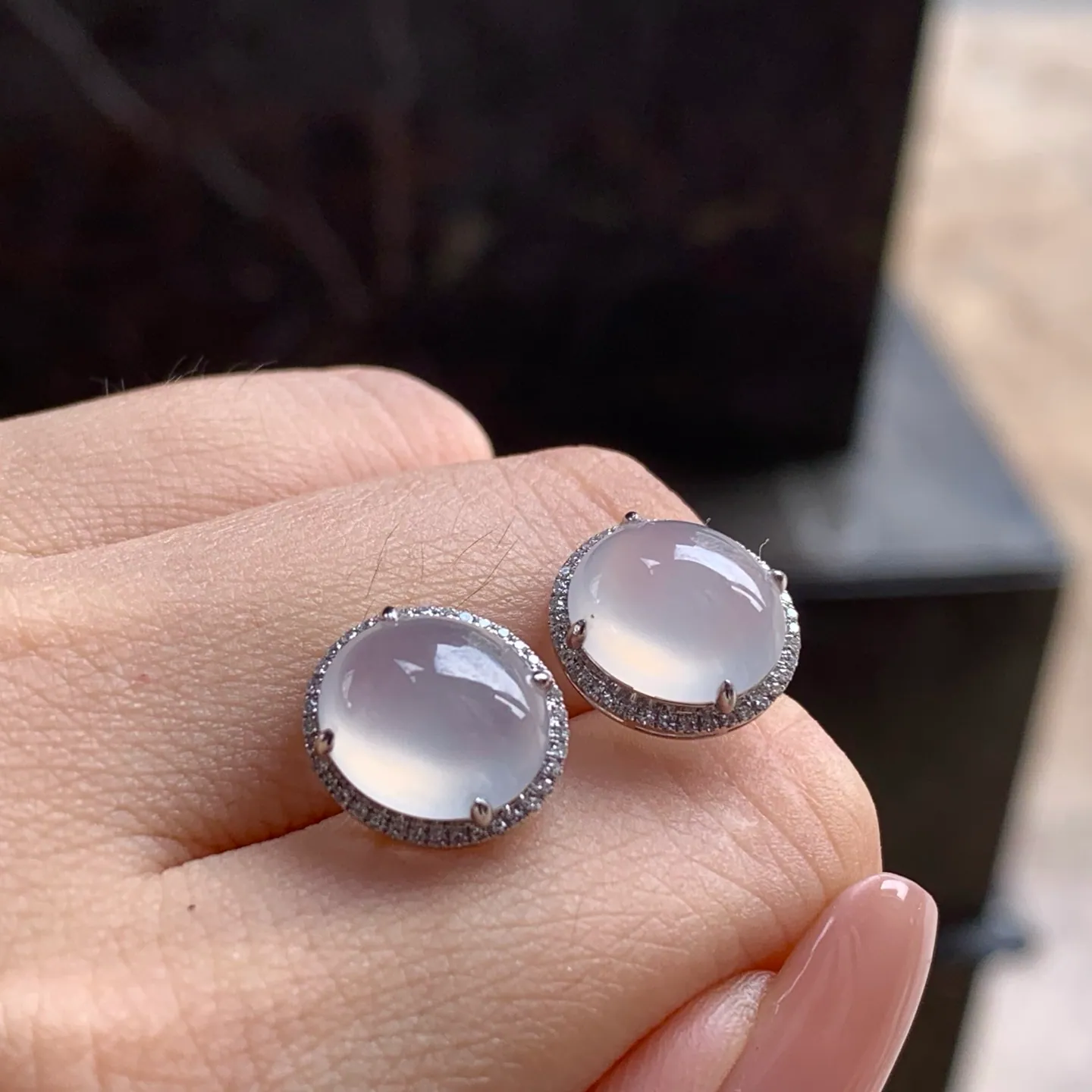 Type A Jadeite Stud Earrings, Icy Clear Cabochon, Gold Set (6)