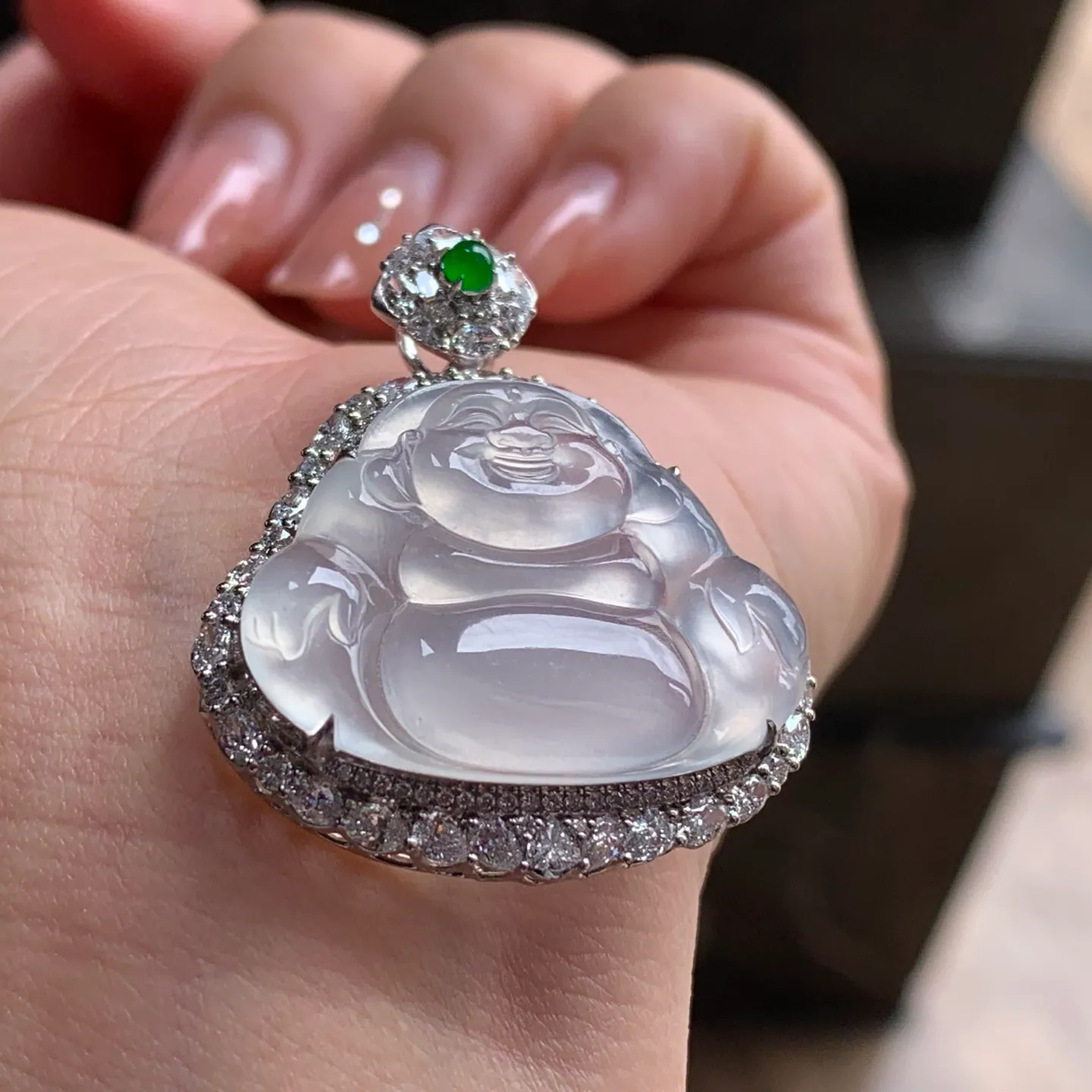 Type A Jadeite Laughing Buddha Pendant, Colorless, 18K Gold (4)