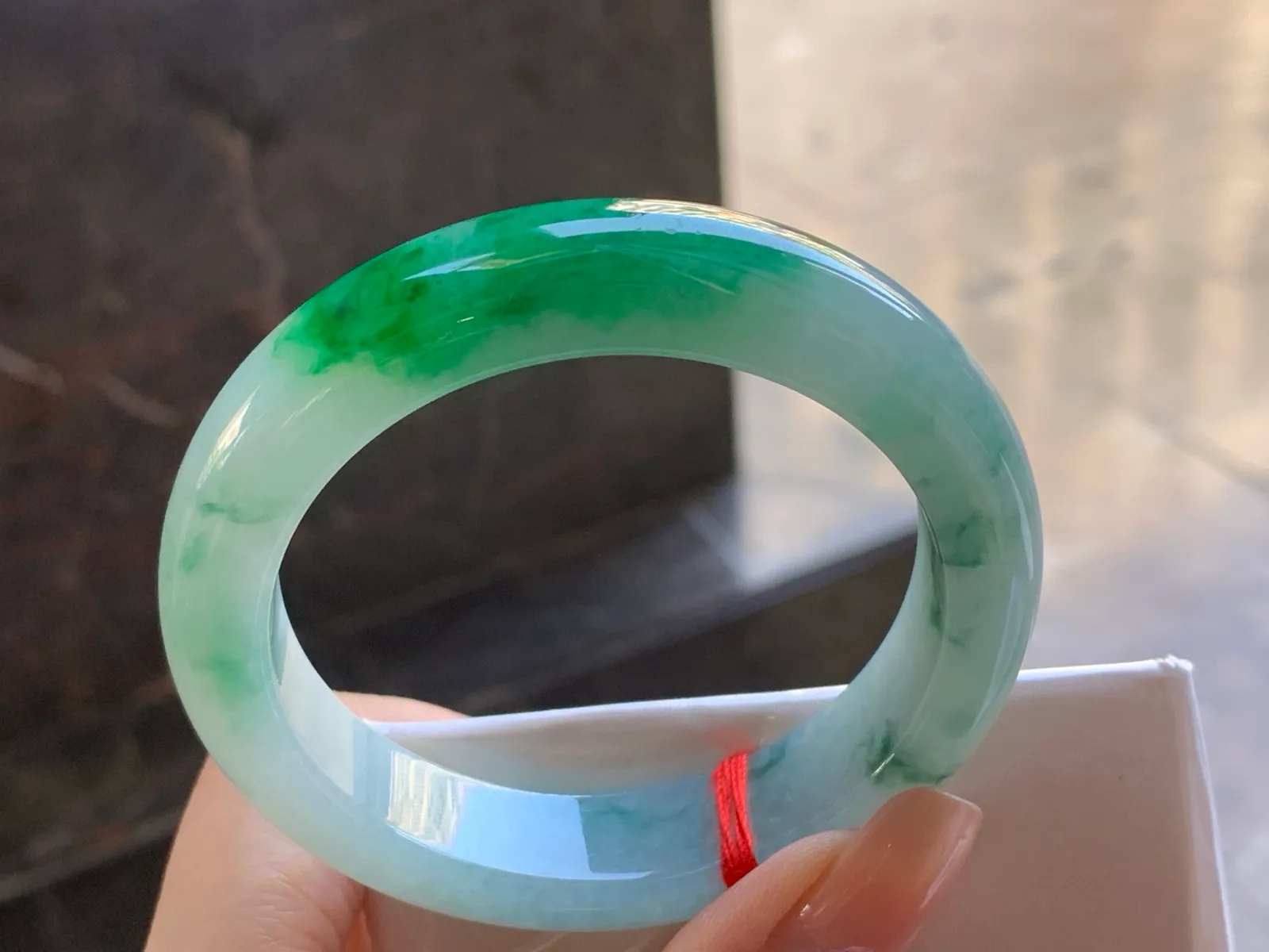 Type A Jadeite Flat Bangle, Icy-Glutinous Green Band, 54.8mm (6)