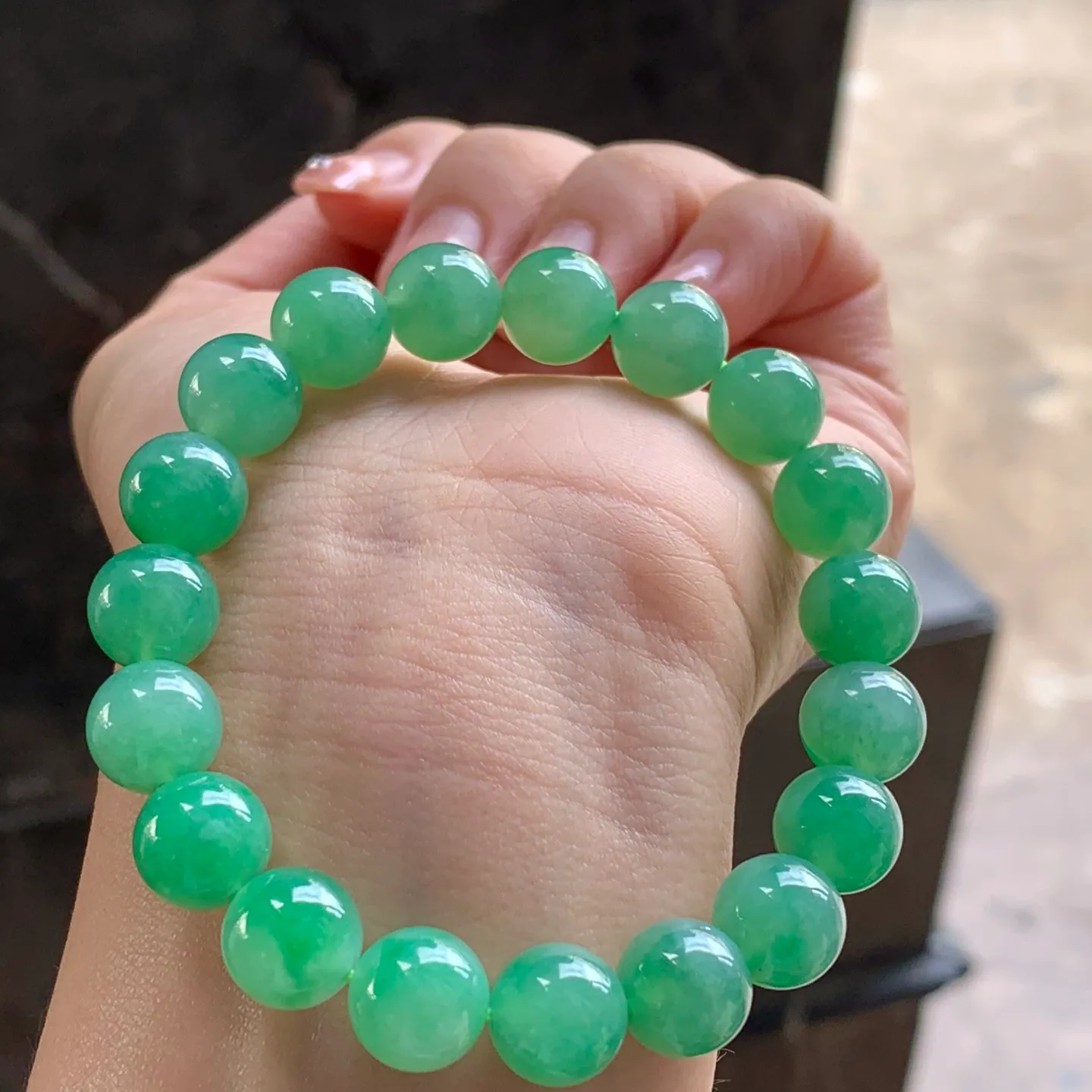 Natural Type A Jadeite Bead Bracelet, Green, 10mm (3)