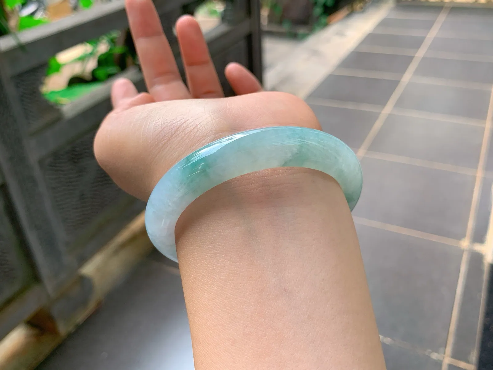Type A Jadeite Ping'an Bangle, Icy Blue-Green Flower, 56mm (7)