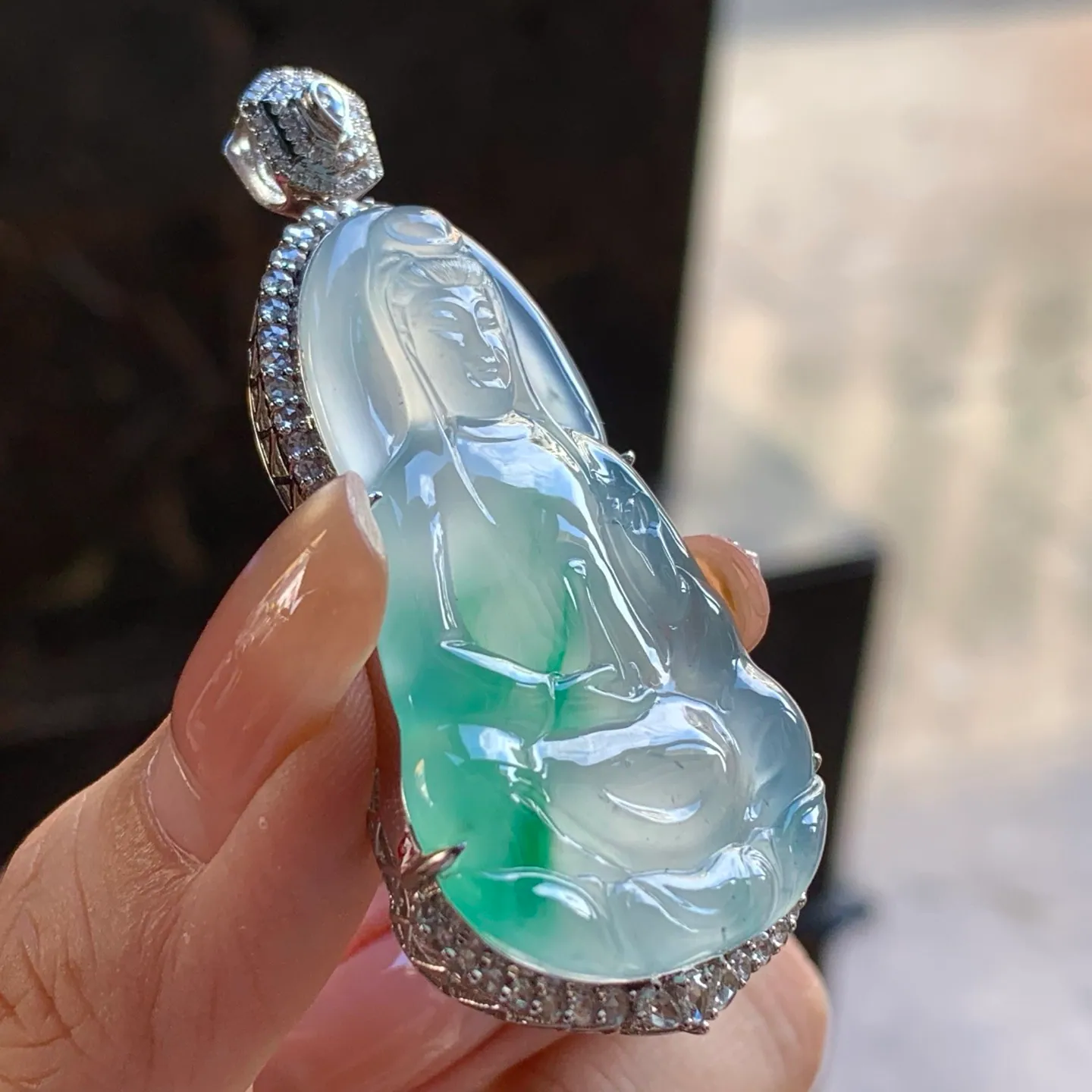 Type A Jadeite Guanyin Pendant, Icy Green Flower, 18K Gold (5)